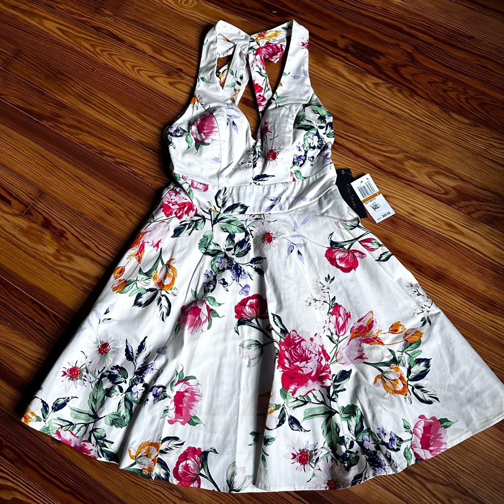 City Studio Floral Halter Dress - White with Pink and Green